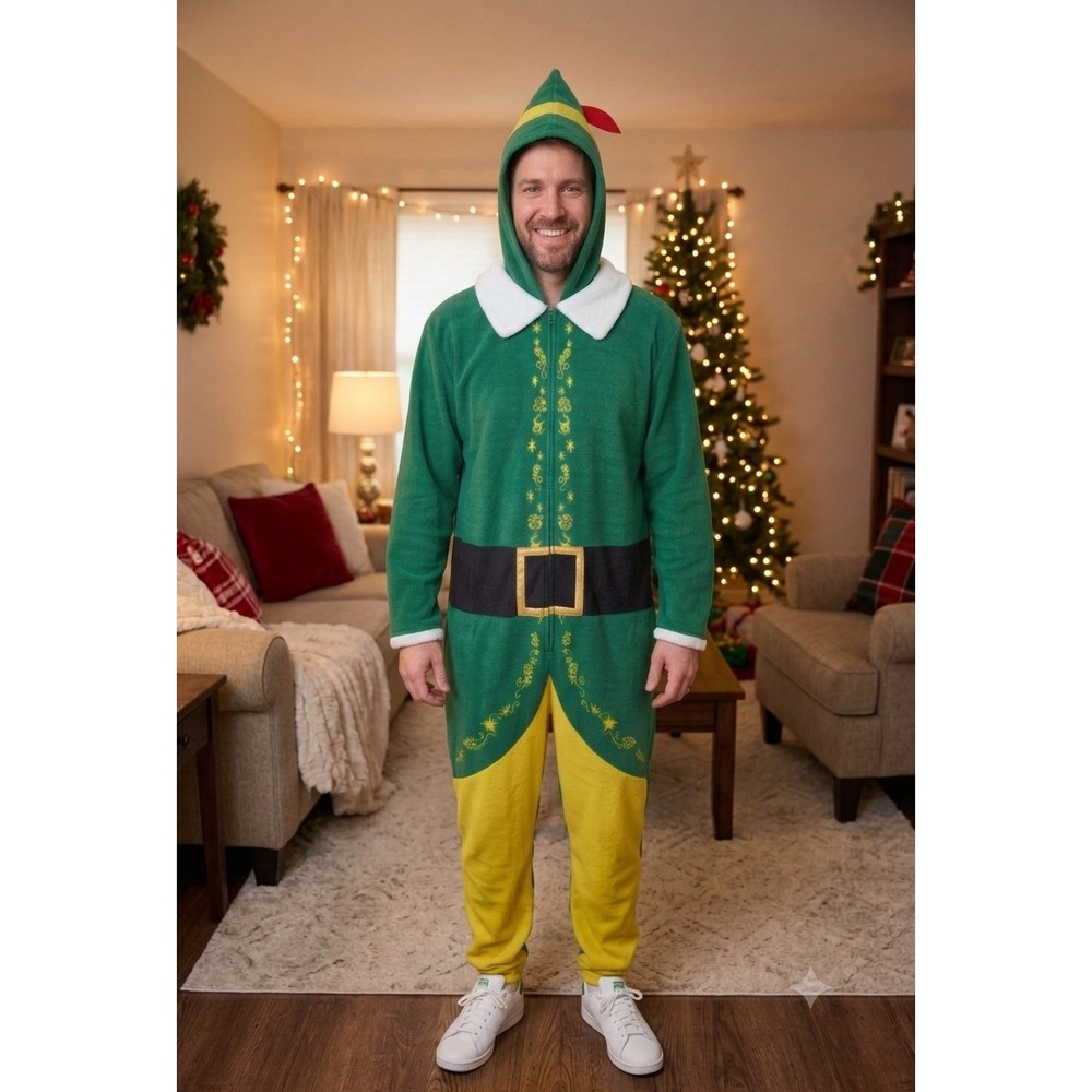 Elf Movie Costume Mens Large Green Buddy The Elf Fleece Hooded Pajamas Holiday